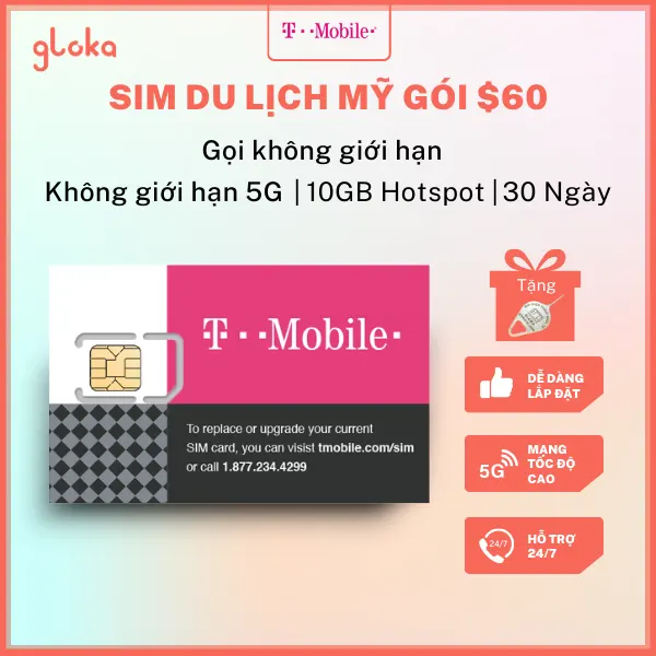 Sim Du Lịch Mỹ Chính Hãng T-mobile Gói $60, 30 Ngày
