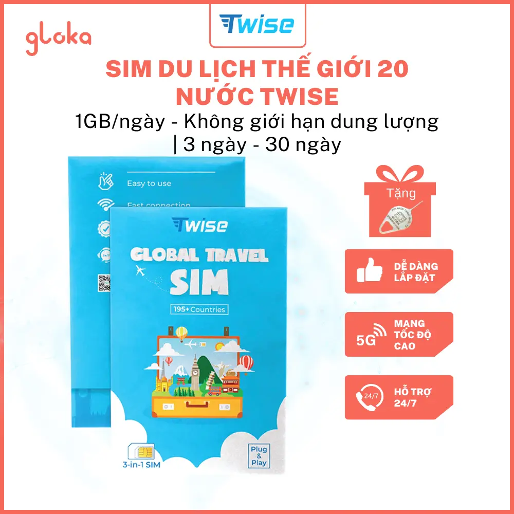 Sim du lịch Thế giới 20 nước Twise gói 3 ngày - 30 ngày