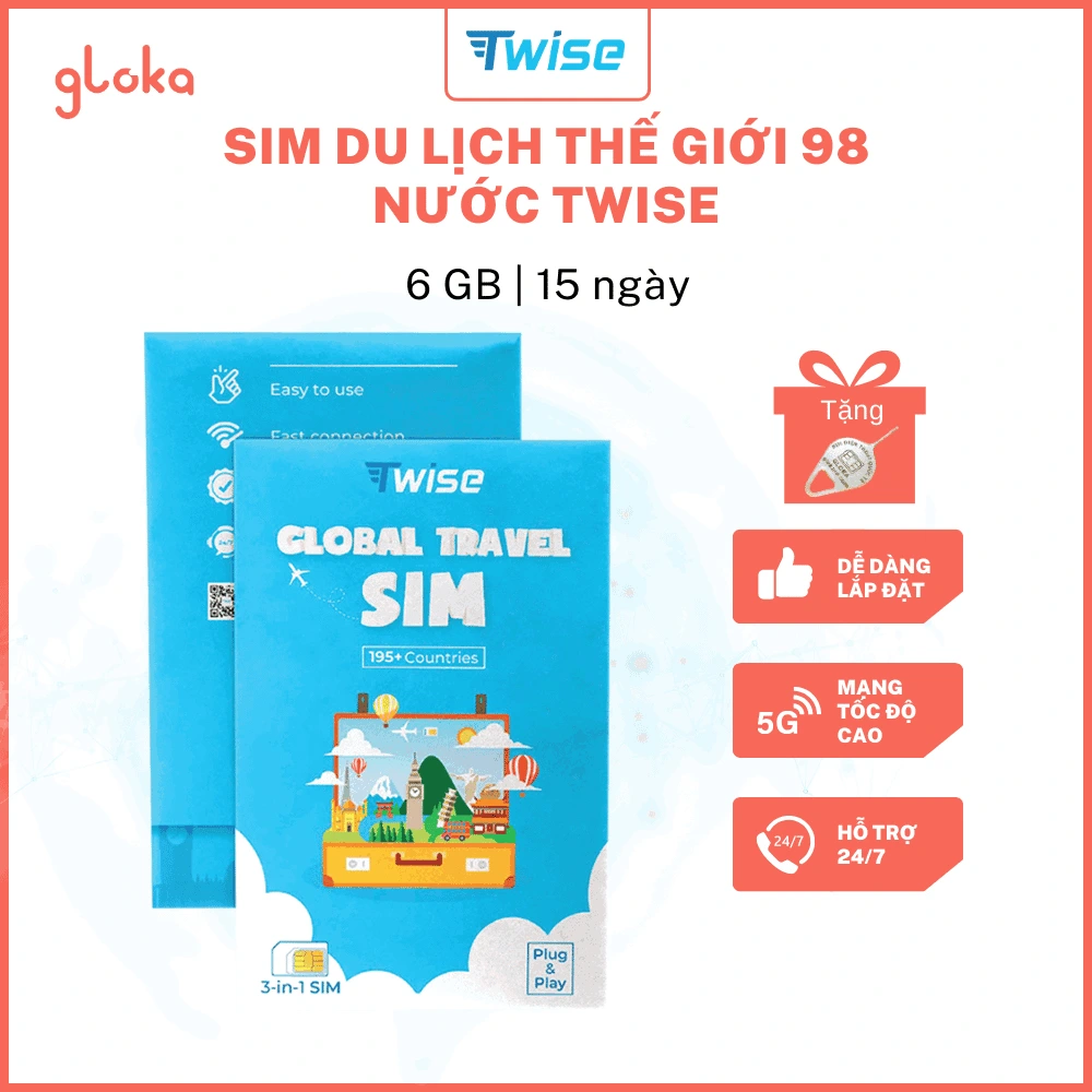 Sim du lịch thế giới 98 nước Twise gói 6GB, 15 ngày