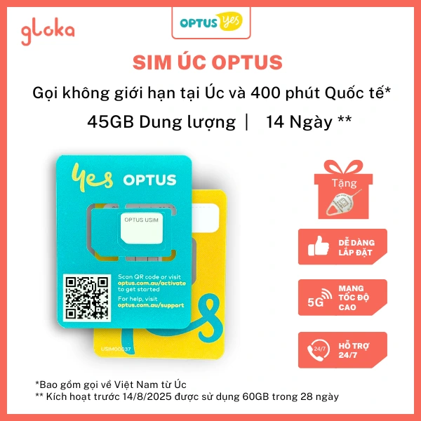 Sim nội địa Úc chính hãng Optus gói 45GB, 14 ngày
